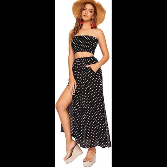 Women's Summer Printed 2 Piece Set Crop Tube Top Split Long Skirt - Picture 3 of 7